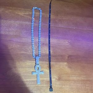 Aporro silver and gold iced out chain with 925 ankh icy pendant